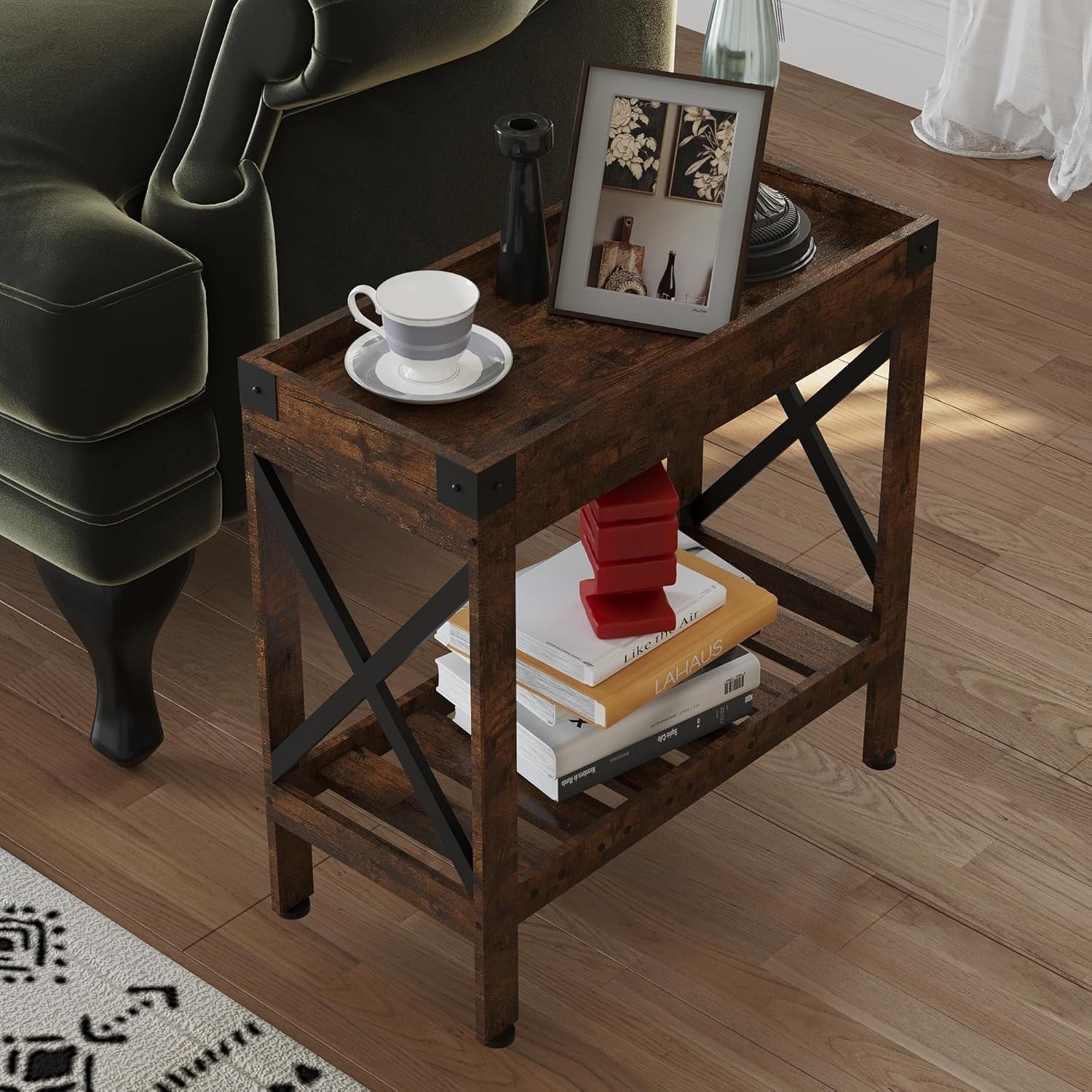 Narrow Rustic Brown Side Table with Storage Shelf – Compact End Table