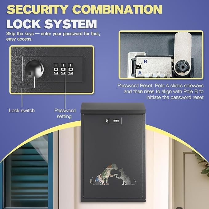 Wall Mounted Waterproof Post Box with Lock, Viewing Windows, Rain Cover