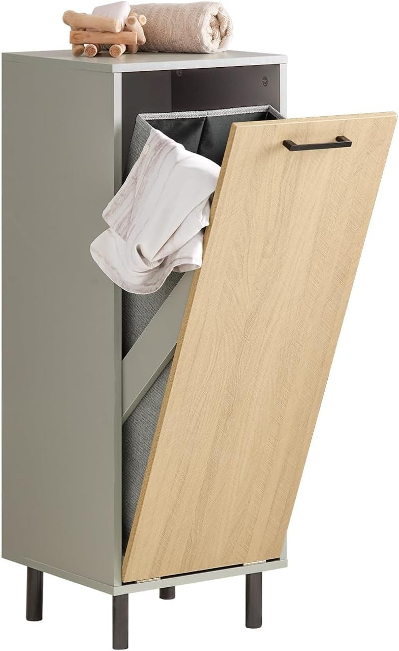 Slim Bathroom Laundry Cabinet with Fold Out Basket Wood Storage Unit Grey