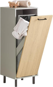 Slim Bathroom Laundry Cabinet with Fold Out Basket Wood Storage Unit Grey