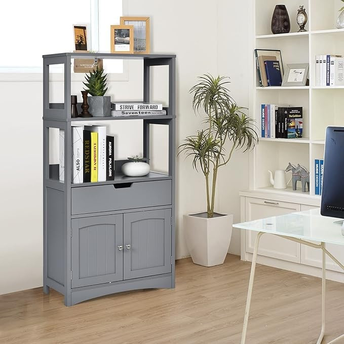 Grey Wooden Storage Cabinet Freestanding Unit with Shelves Drawer Cupboard