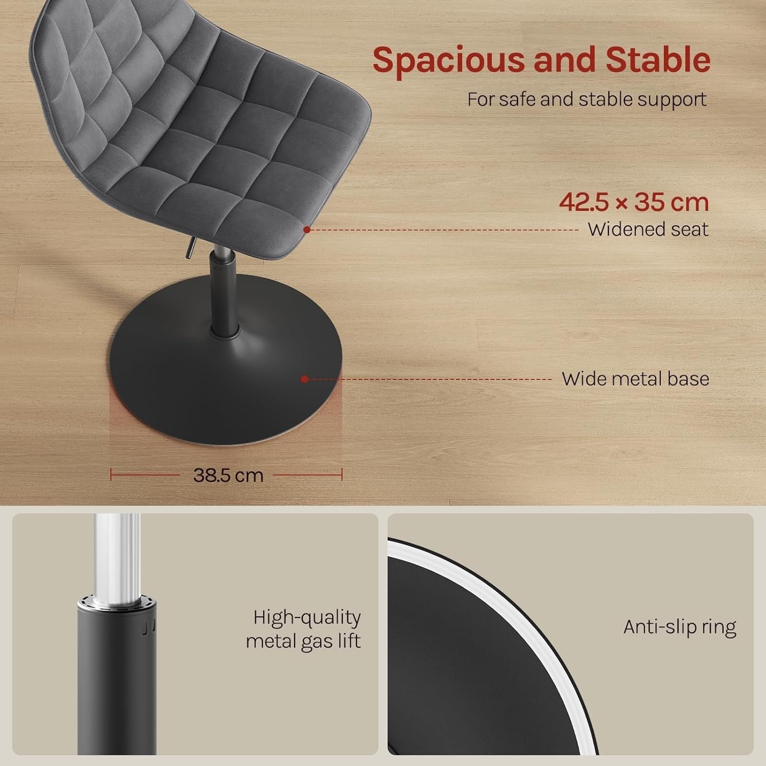 Dark Grey Velvet Swivel Vanity Stool Height Adjustable Dressing Chair