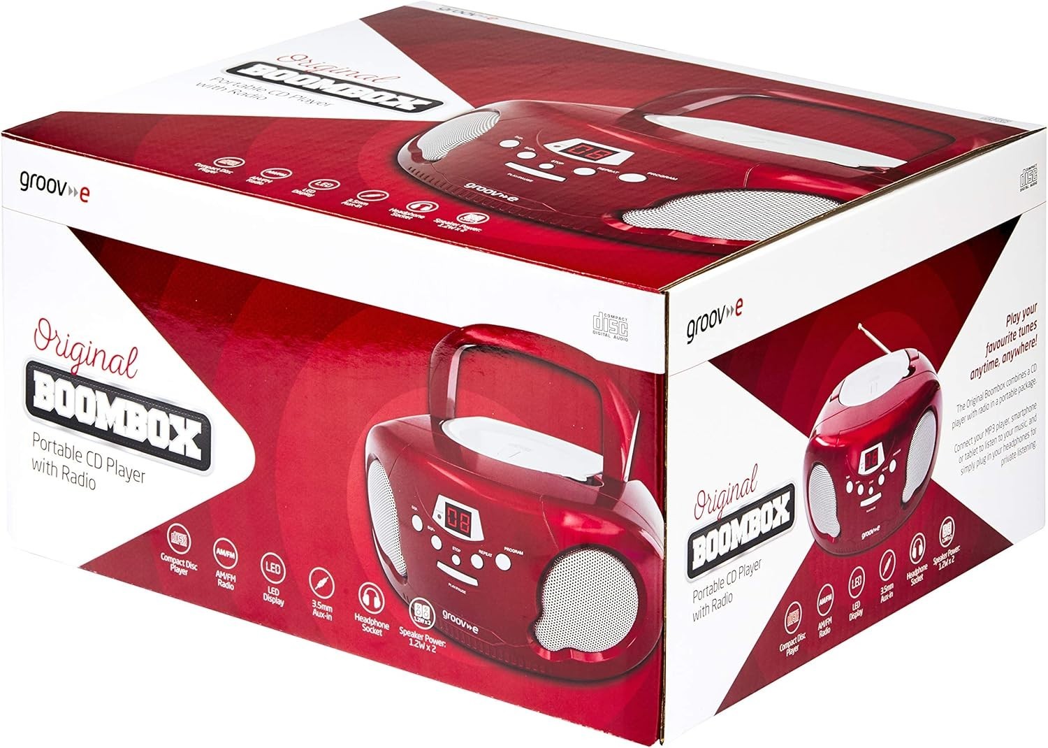 Portable Boombox CD Player Bluetooth Radio AUX Headphone LED Red