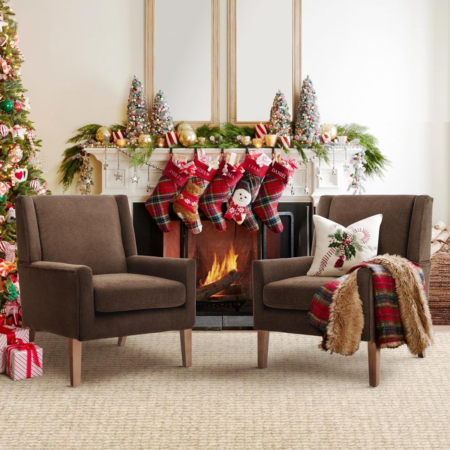 Brown Wingback Accent Armchair Upholstered Lounge Wood Legs