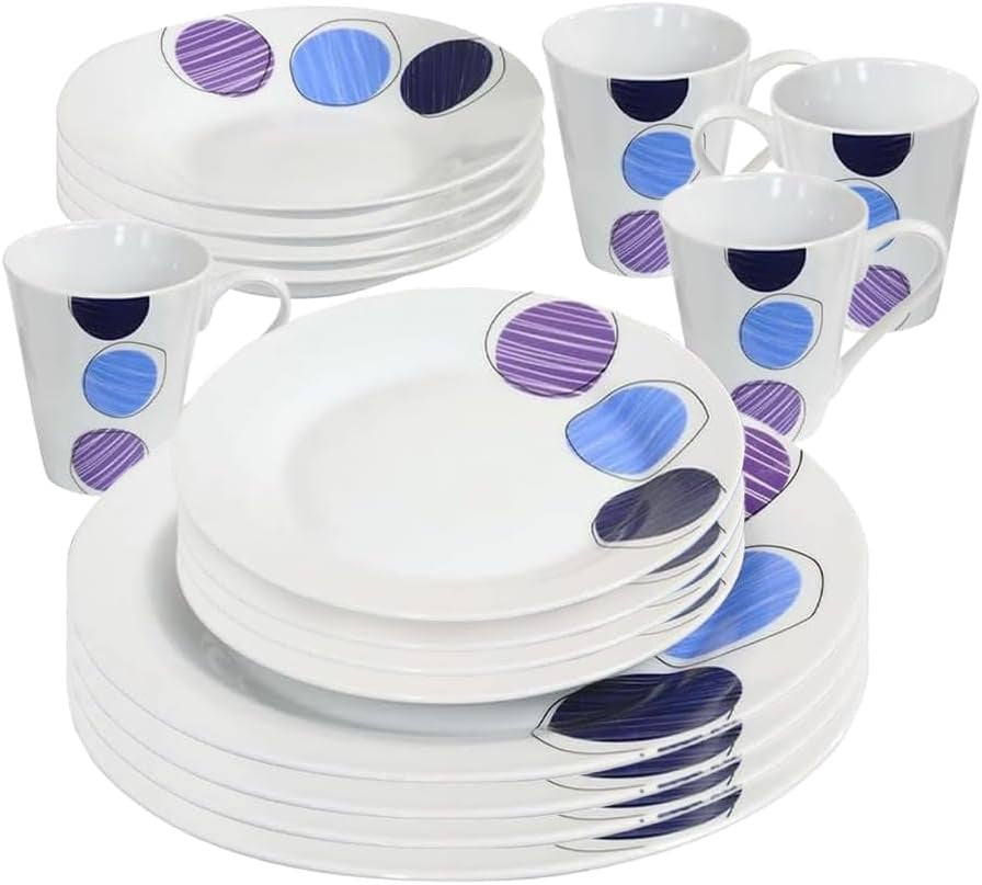 16pc Porcelain Dinner Set Plates Bowls Mugs Blue Purple Microwave Safe
