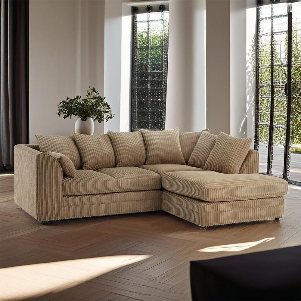 4 Seater Jumbo Cord L Shape Corner Sofa Mink Scatter Back Comfy Couch