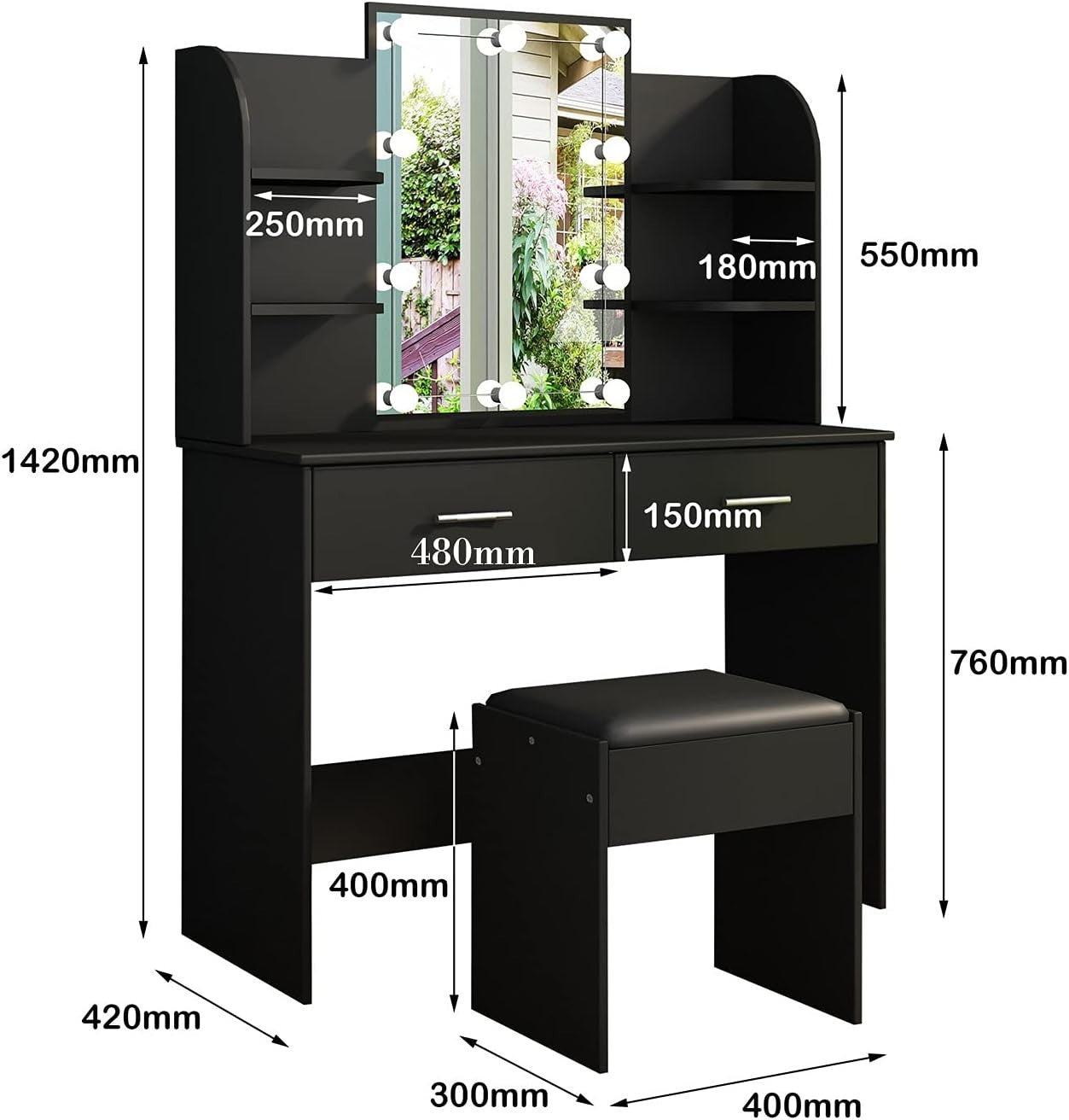 Black Vanity Dressing Table w/ LED Mirror Lights Faux Leather Stool Storage
