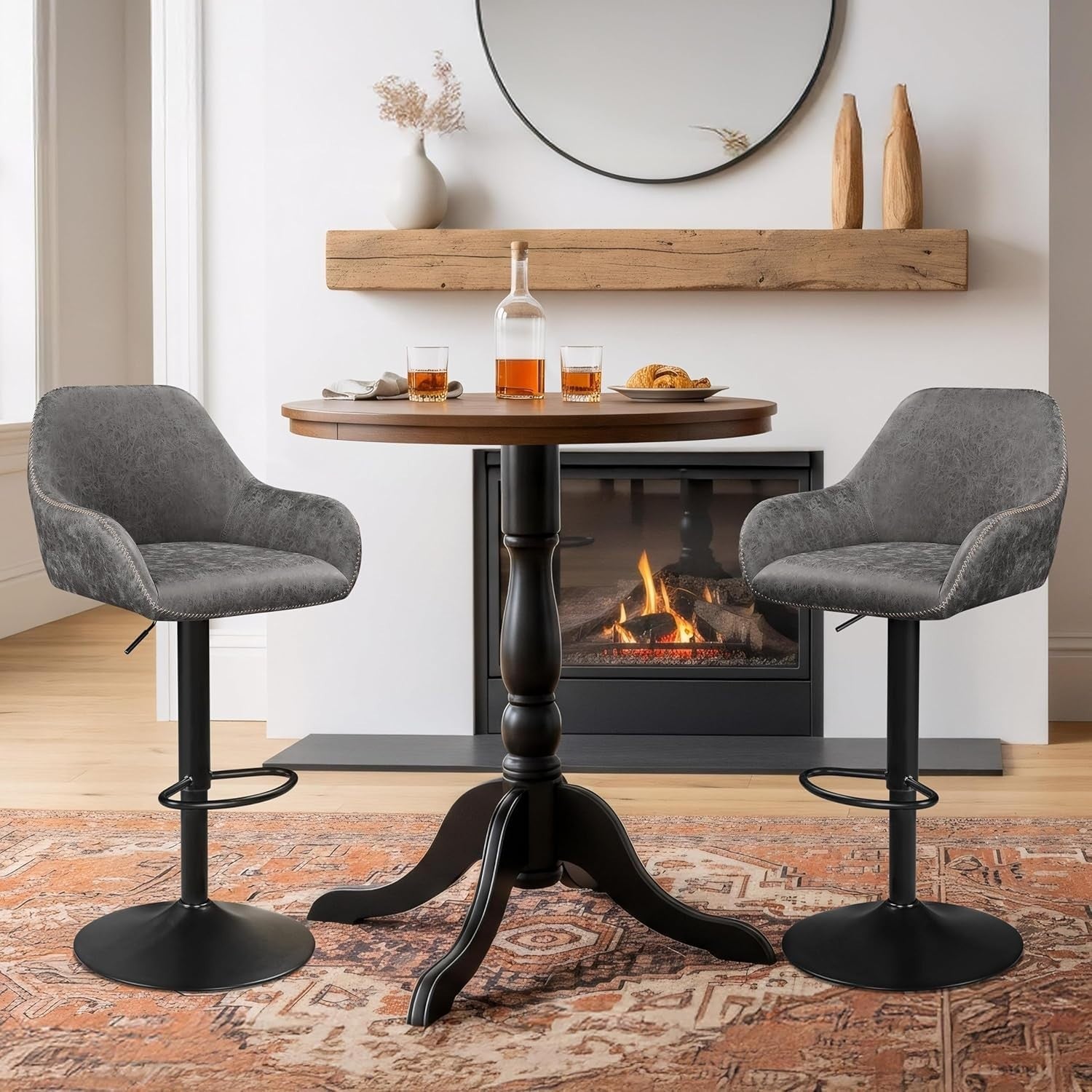 Adjustable Grey PU Leather Bar Stools Set of 2 – Swivel Counter Chairs