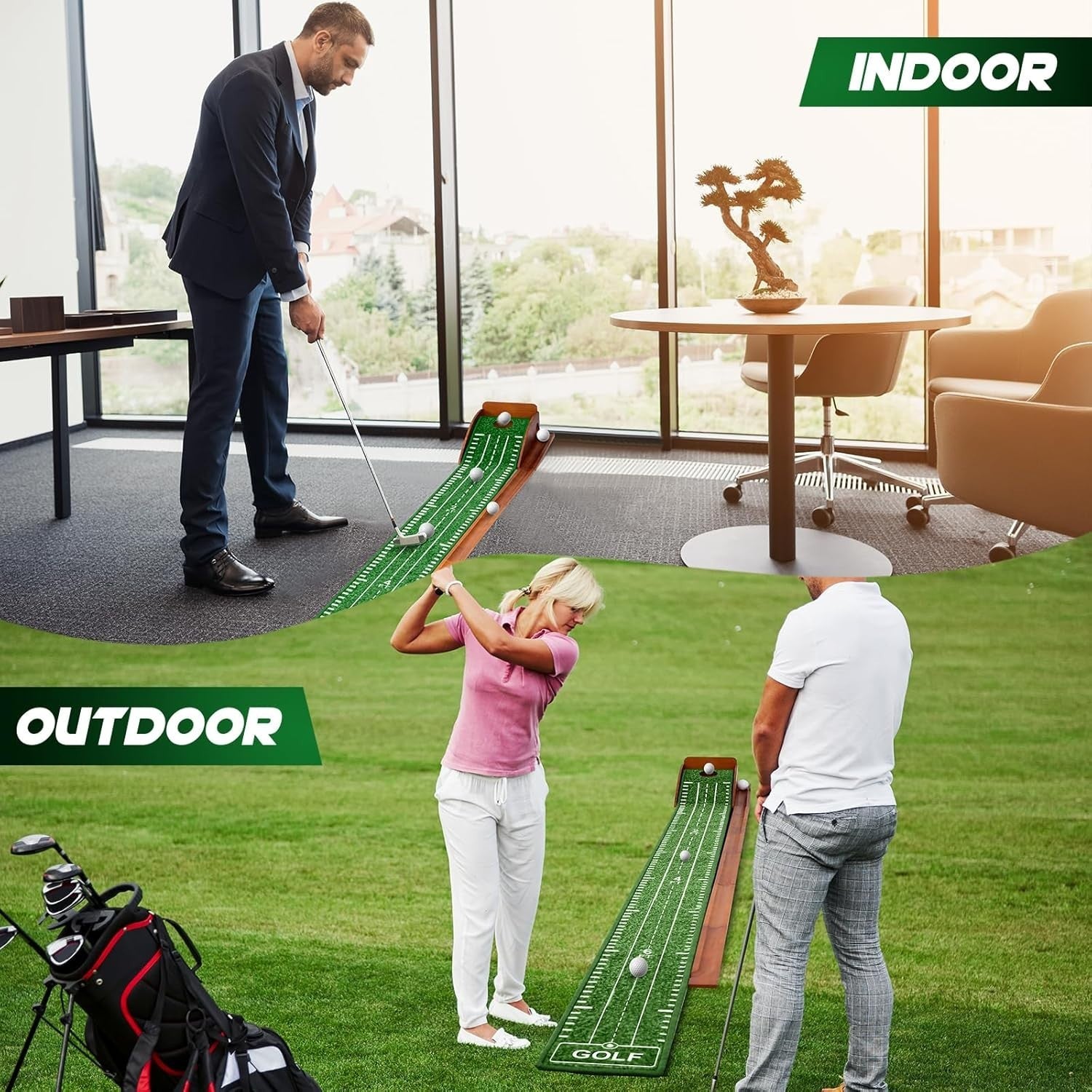 Indoor Golf Putting Mat Set Training Aid With Ball Return Home Practice