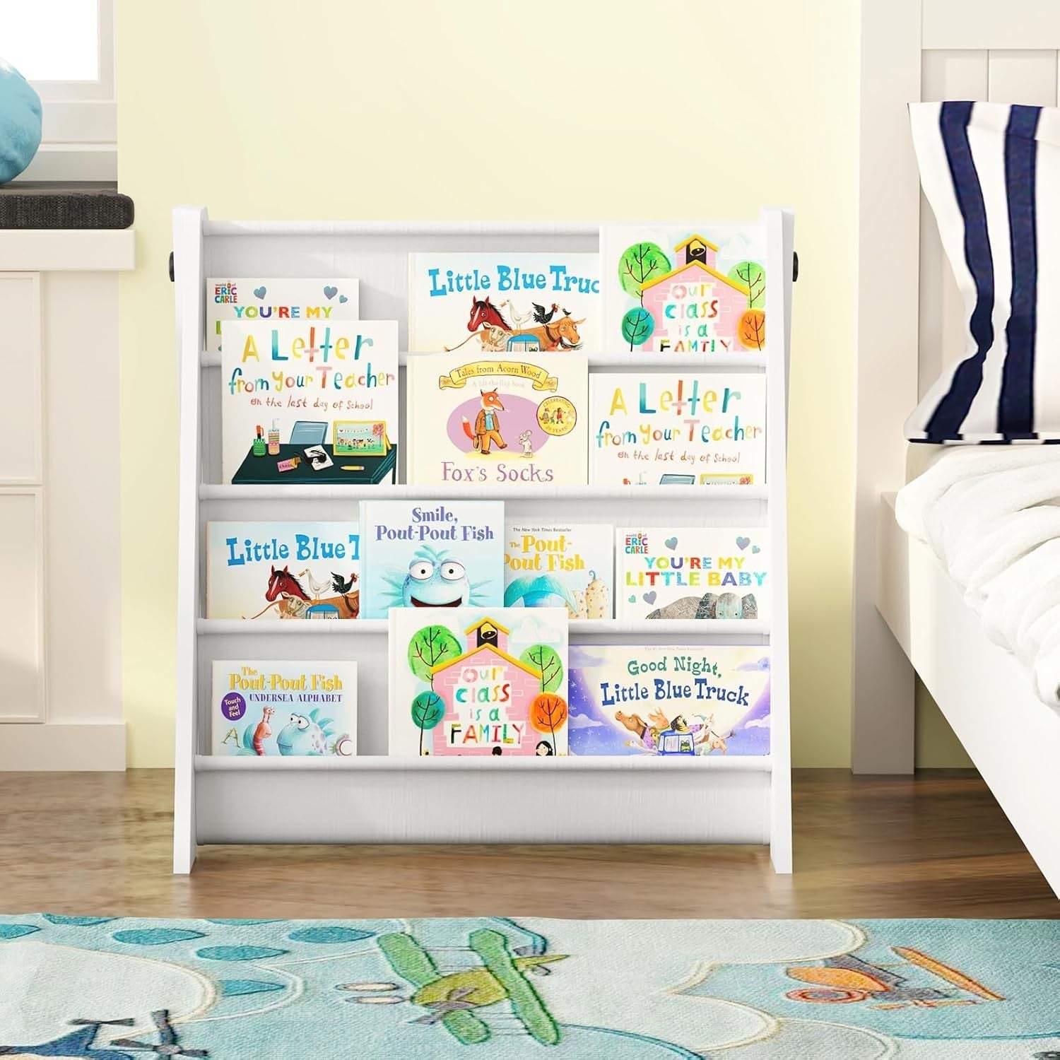 4-Tier Foldable Kids Bookshelf with Deep Fabric Pockets Storage Rack