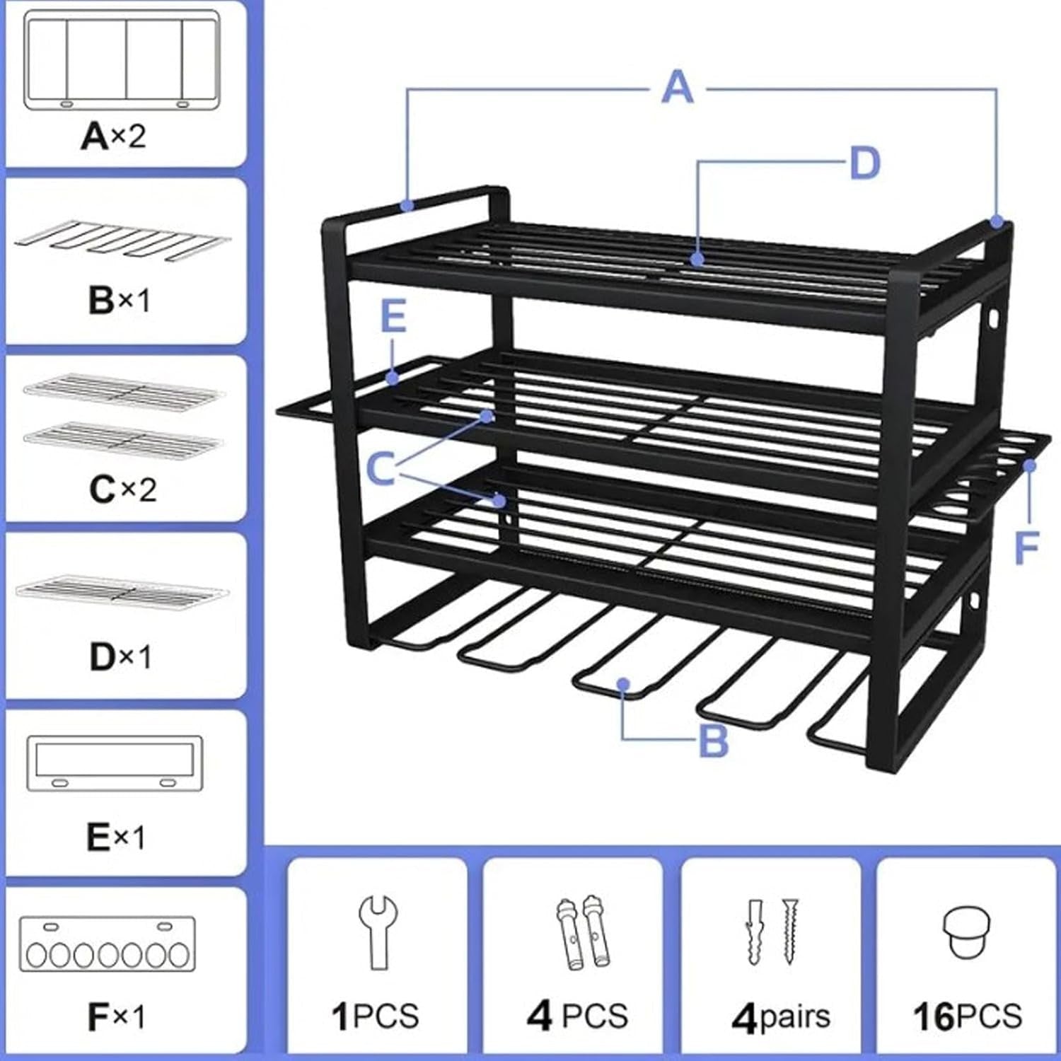 4 Layer Power Tool Organizer Wall Mount Metal Drill Storage Rack