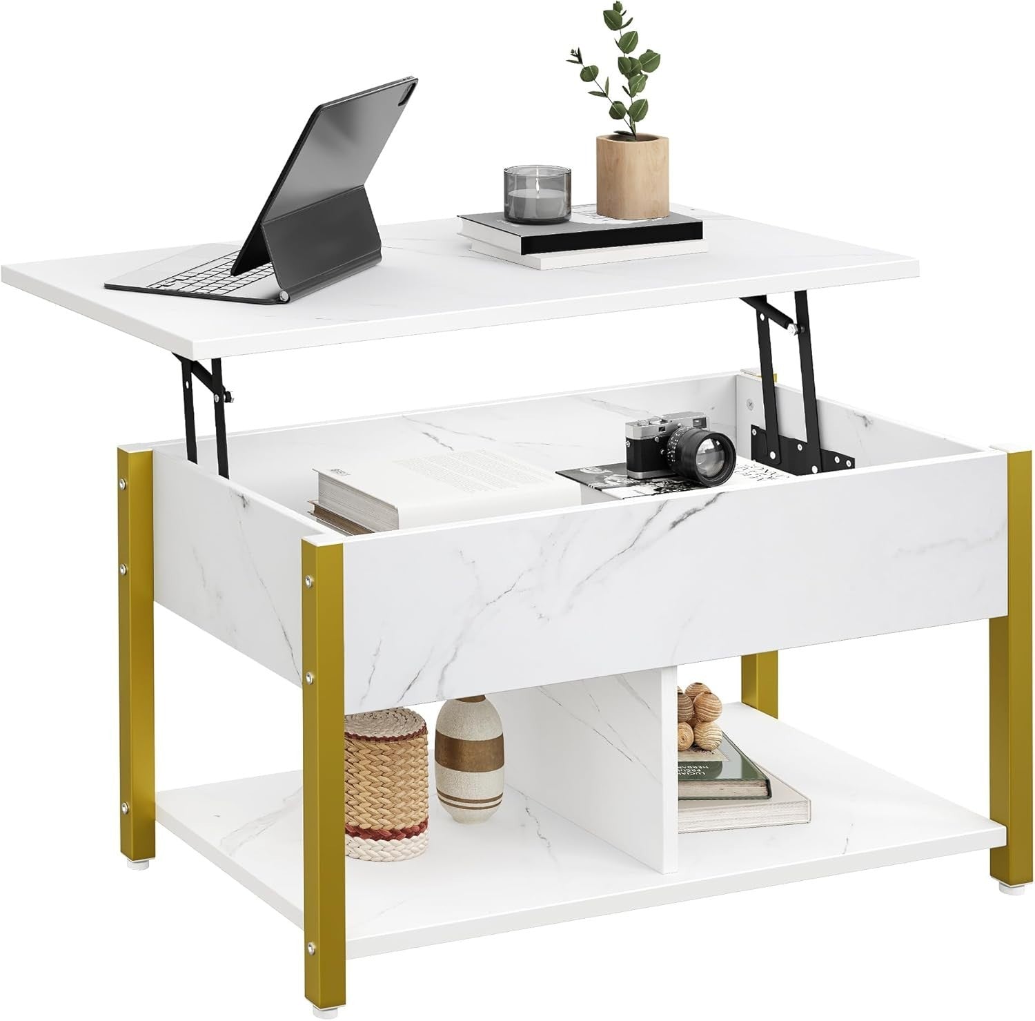 Lift Top Coffee Table with Storage Shelf & Hidden Compartment White Marble