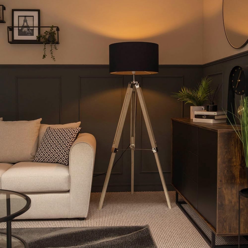 Modern Tripod Floor Lamp with Navy Drum Shade, Wood & Chrome, 154cm