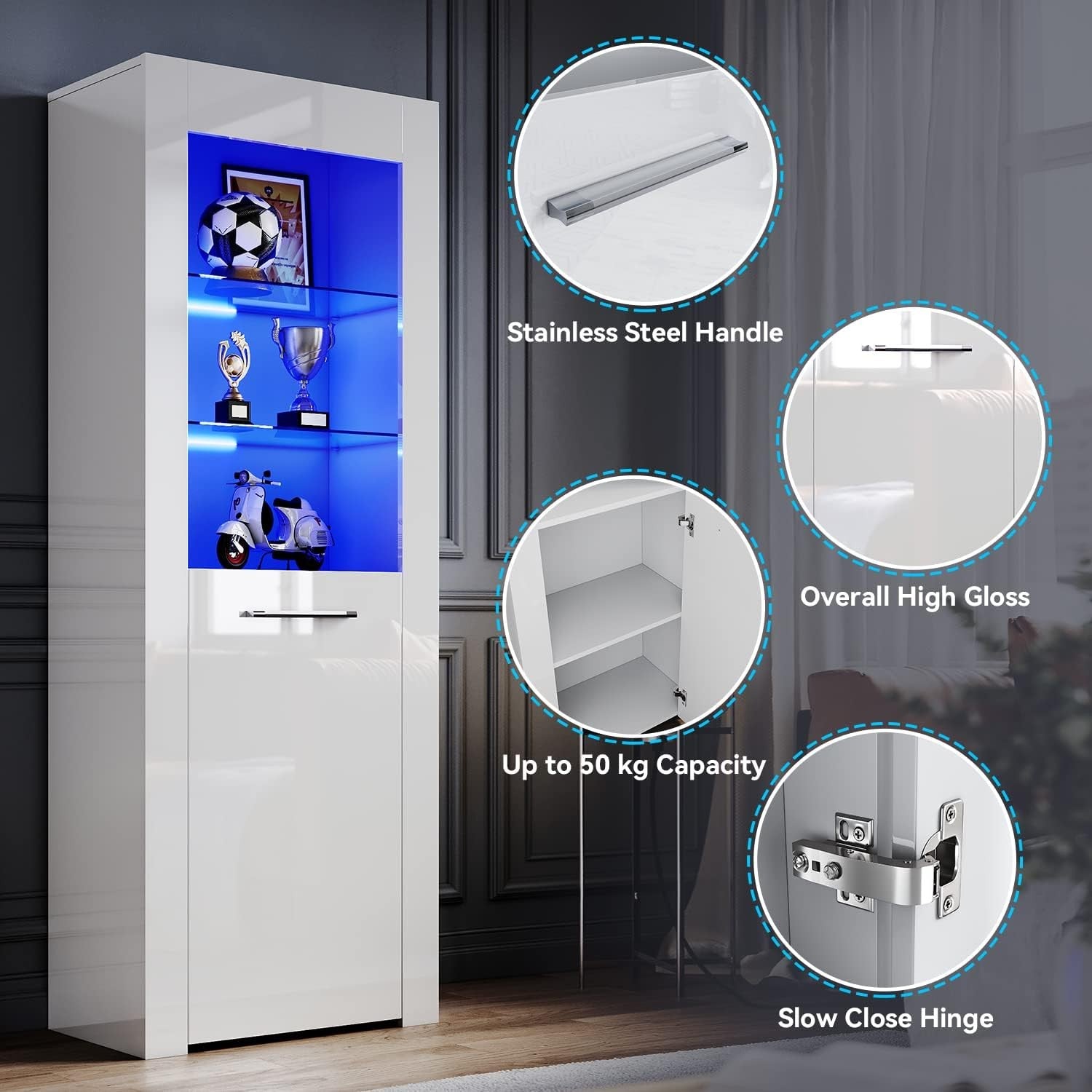 White Gloss Tall LED Display Cabinet 165cm Modern Showcase Unit with Glass Shelv