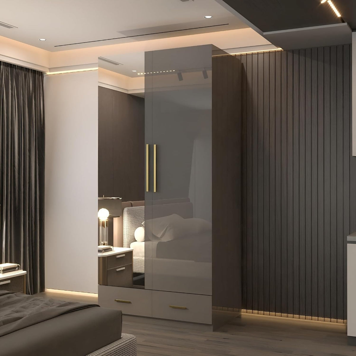 90cm Grey High Gloss Wardrobe with Mirror, Drawers & Hanging Rail Storage