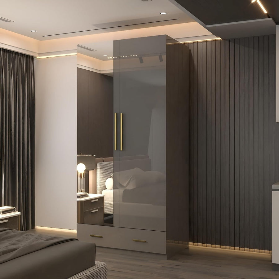 90cm Grey High Gloss Wardrobe with Mirror, Drawers & Hanging Rail Storage