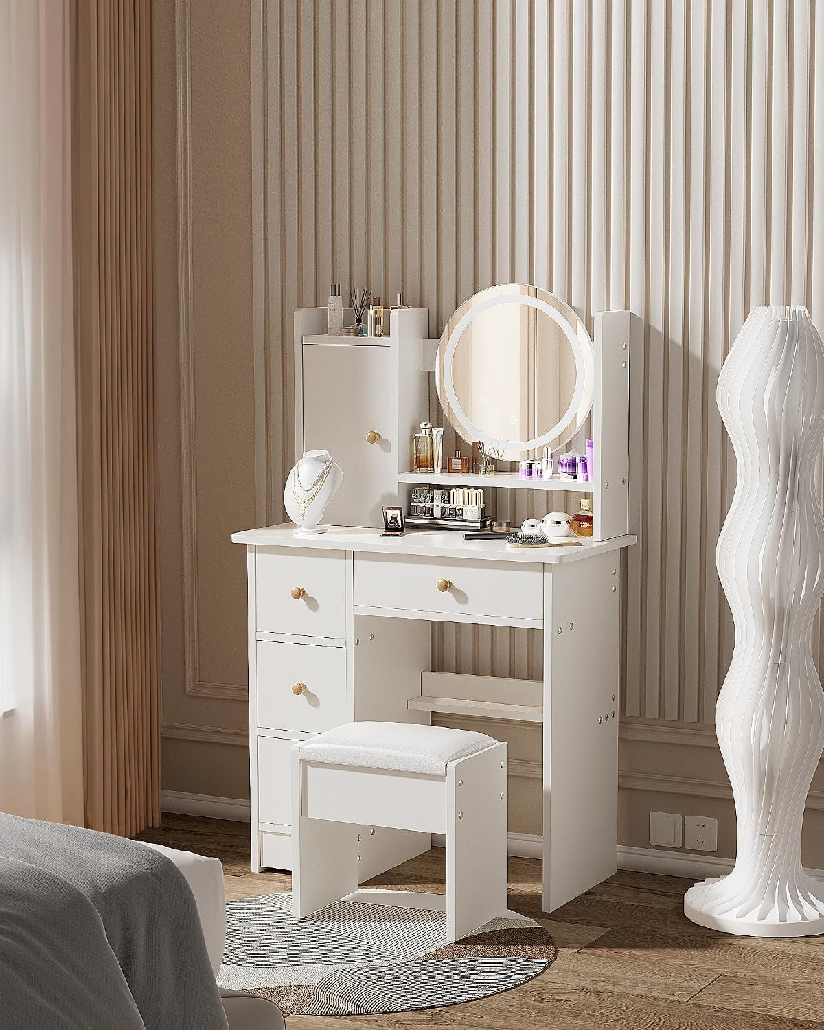 White Dressing Table Set Makeup Vanity w/ Round LED Light Mirror & Stool