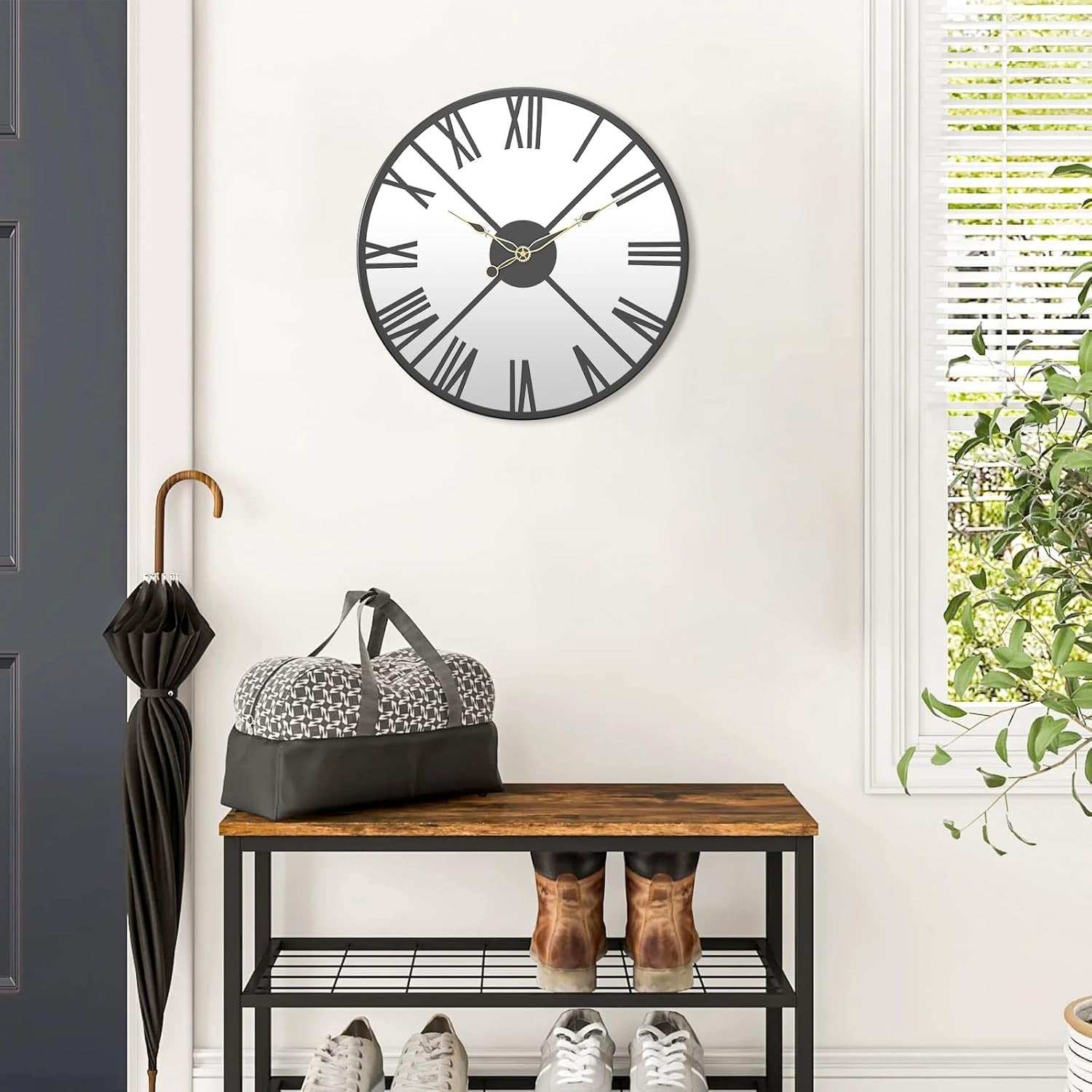 30cm Mirrored Wall Clock – Silent Roman Numeral Metal Frame Modern Design