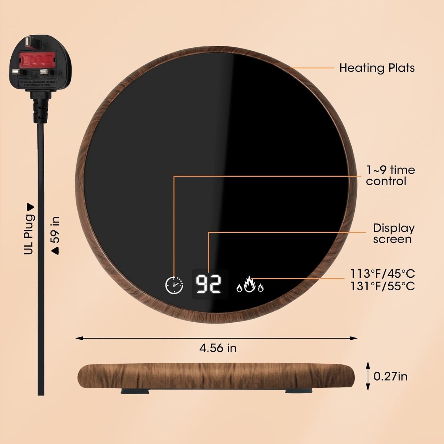 Smart Coffee Mug Warmer – Touch Control, LED Display, Wood Brown