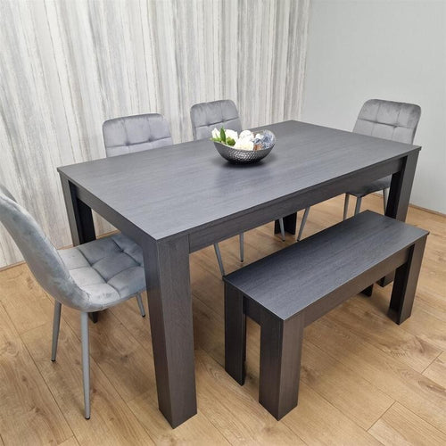 6 Seater Dining Table Set with Bench & 4 Grey Chairs – Modern Wood Effect