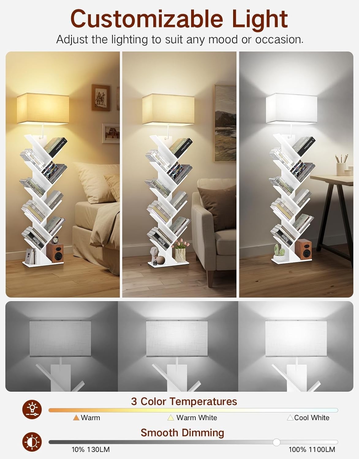 9 Tier Tree Bookshelf with LED Lamp Remote White Tall Narrow Shelf