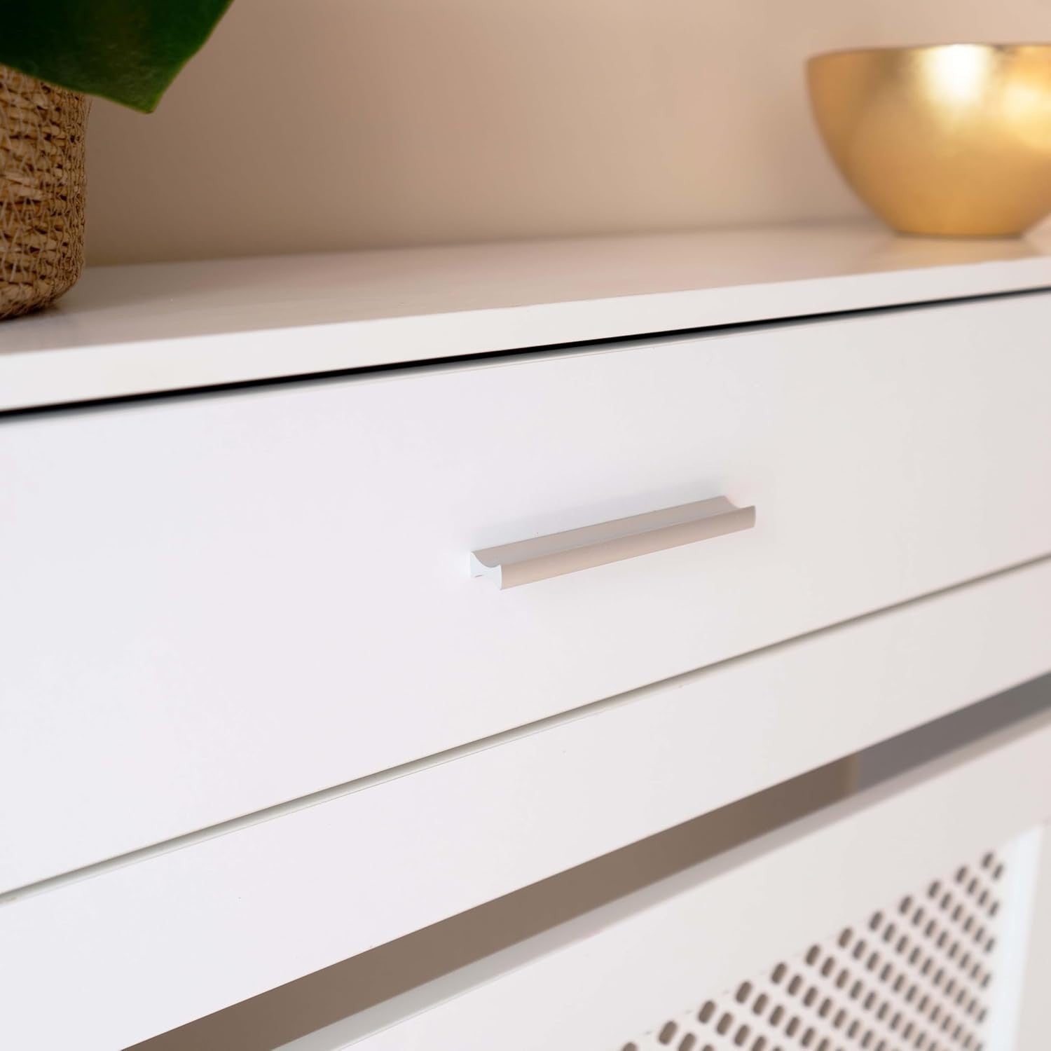White Radiator Cover with Drawer Diamond Slat W78xH96cm Modern Wooden Cabinet
