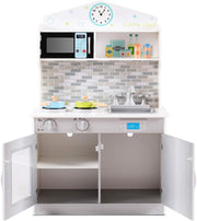 Kids Wooden Play Kitchen Silver w/ Microwave Stove Sink Toy Set