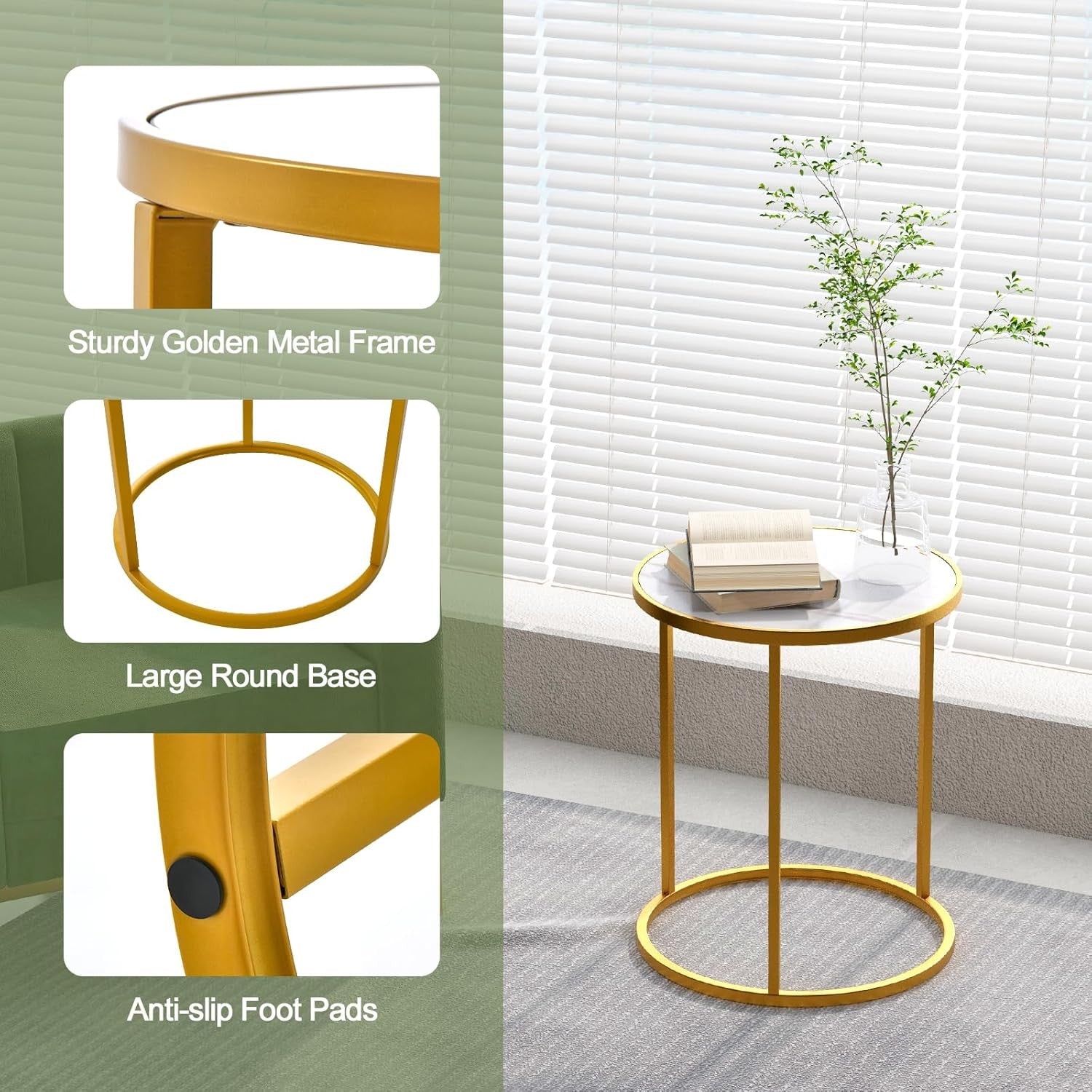 Marble Top Round Side Tables Set of 2 – Gold Metal Frame Modern End Tables