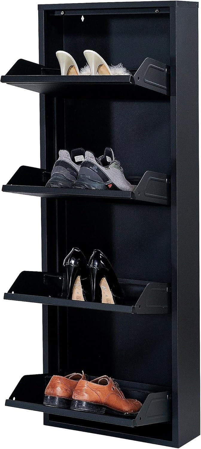 Slim Wall Mounted Shoe Cabinet 4-Tier Metal Storage Rack 138cm Black