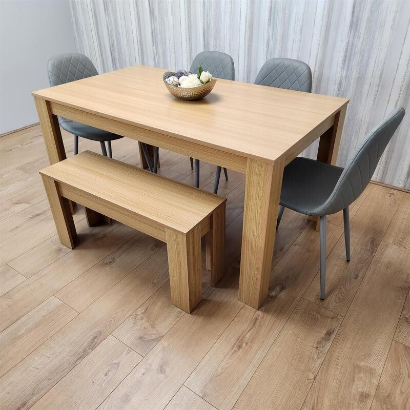 6 Seater Oak Dining Table Set with Bench & 4 Grey Chairs for Kitchen