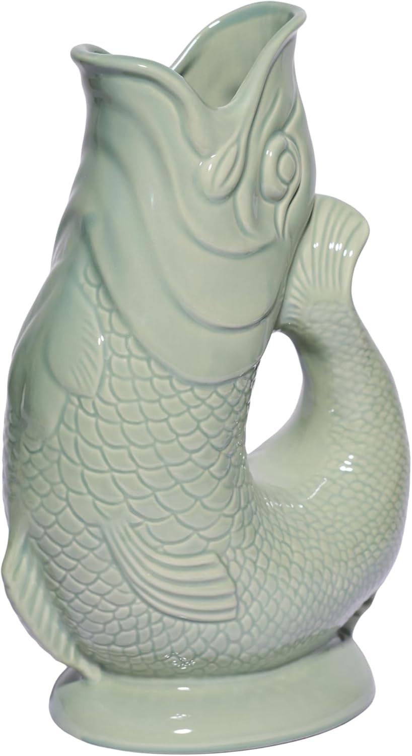 Sage Green Gluggle Jug XL 1.2L – Ceramic Fish Pitcher, Water & Wine Decanter