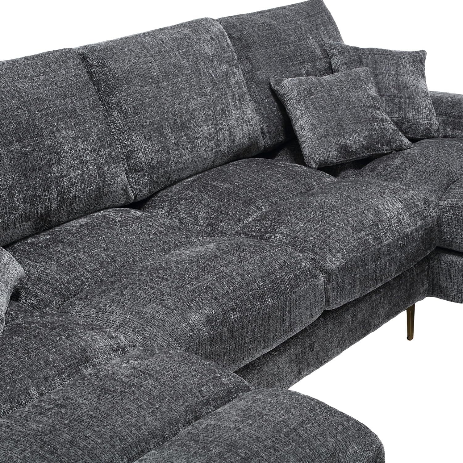 4 Seater U-Shaped Sofa Grey Chenille Sectional with Double Chaise & 4 Pillows