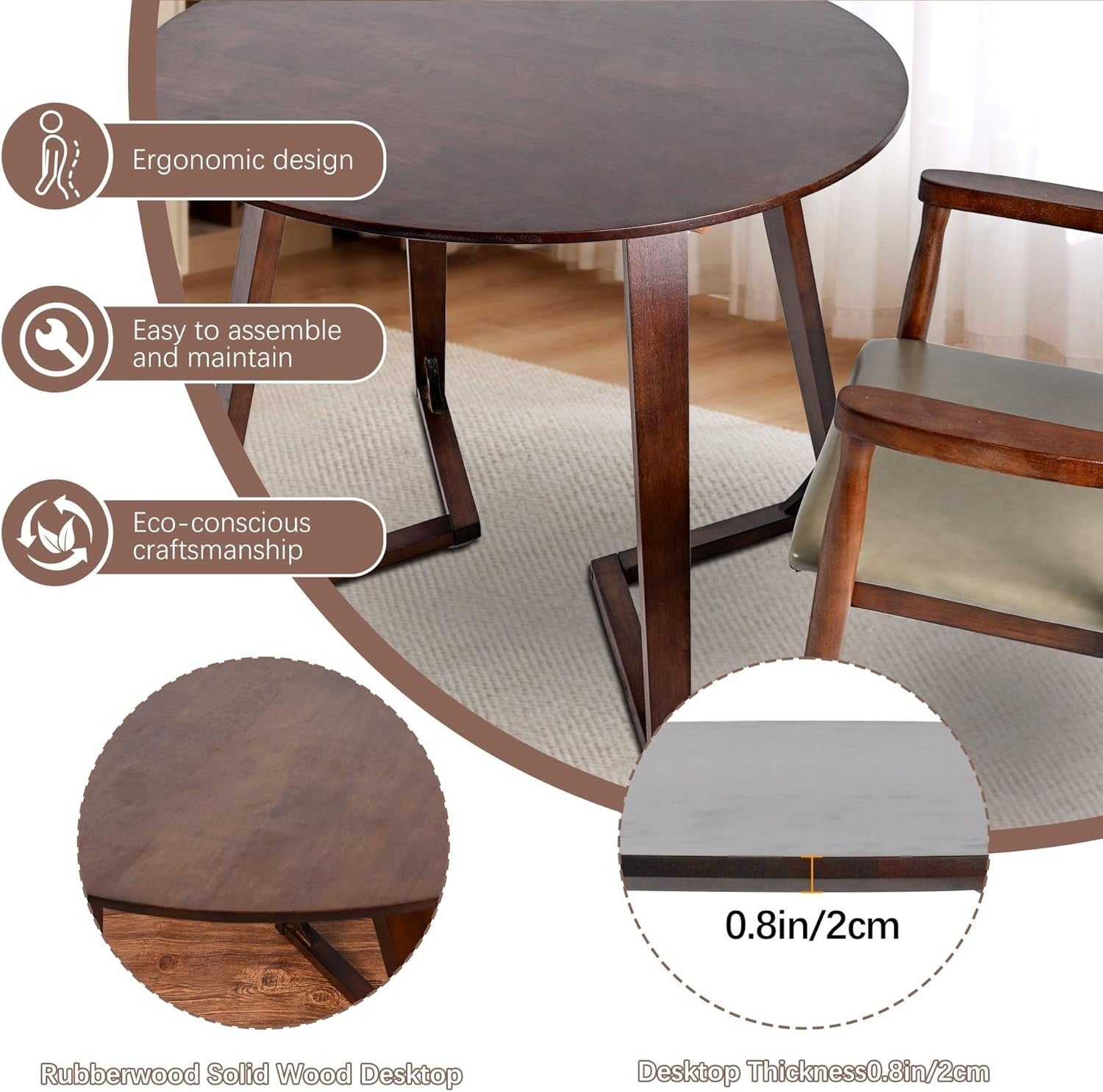 80cm Solid Wood Round Dining Table – Mid-Century Space-Saving Kitchen