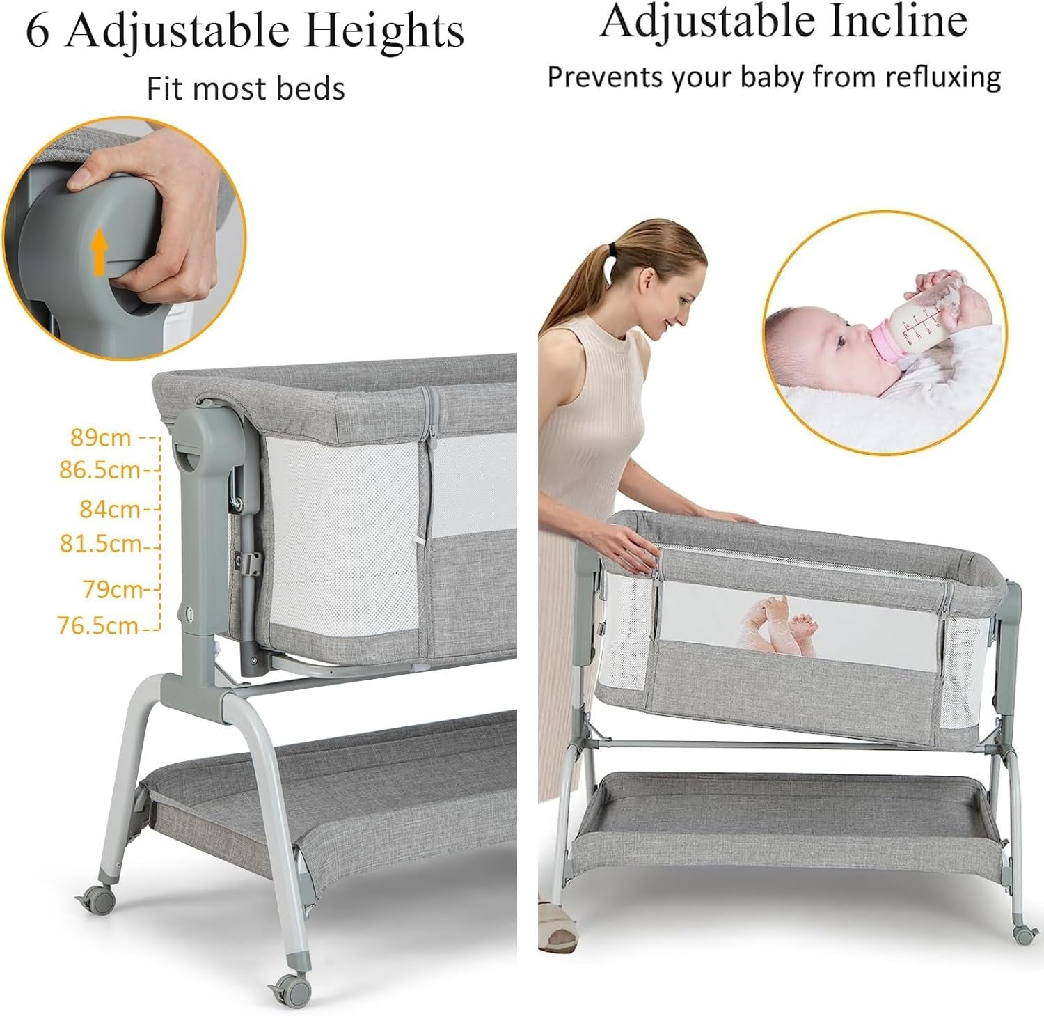 4-in-1 Baby Bedside Crib with Adjustable Height, Mosquito Net & Storage Grey