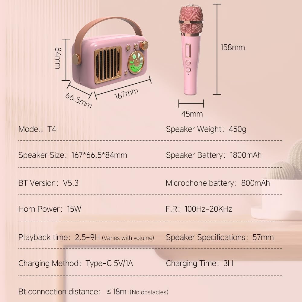 Bluetooth Karaoke Machine 15W Speaker 2 Mics LED Lights Purple