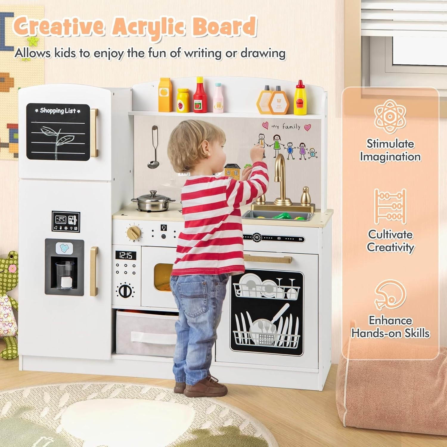 Kids Wooden Play Kitchen w/ Chalkboard Ice Maker White Toy