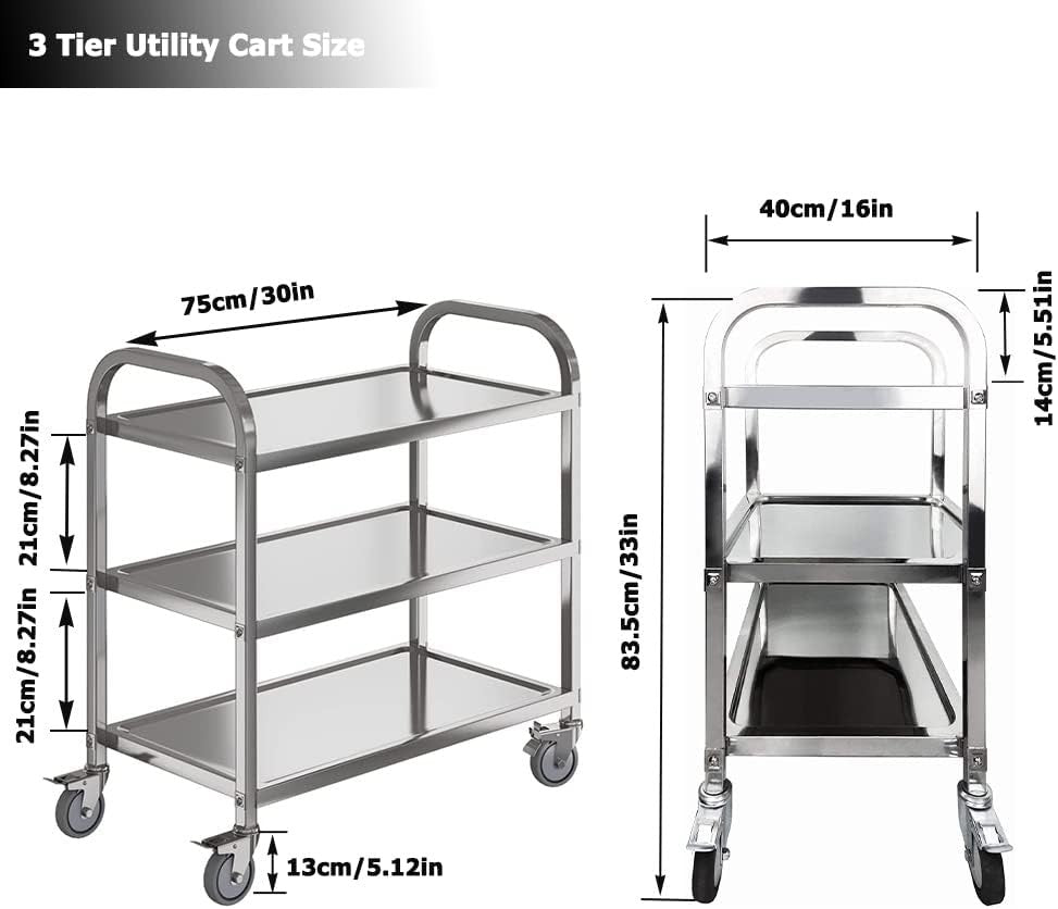 3 Tier Stainless Steel Catering Trolley on Wheels Heavy Duty Utility Cart