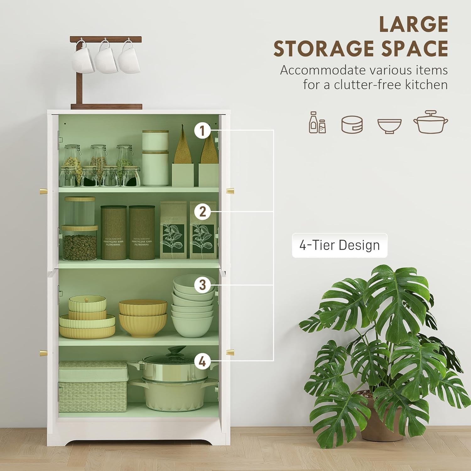 White 4 Door Kitchen Cupboard Freestanding Cabinet with Adjustable Shelves 110cm