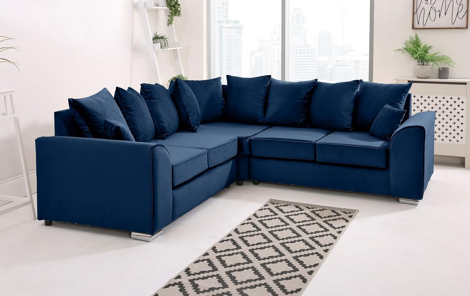 Blue Plush Velvet 5 Seater Corner Sofa – Scatterback Foam Cushions & Chrome Feet