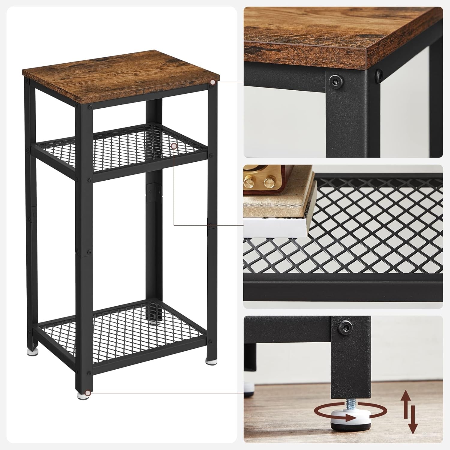Tall Rustic Side Table with 2 Mesh Shelves, Industrial Bedside or Sofa End Stand