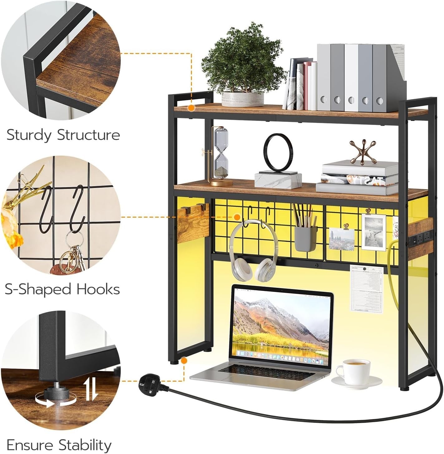 2-Tier Rustic Brown Desk Organizer with LED Lights & Charging Station