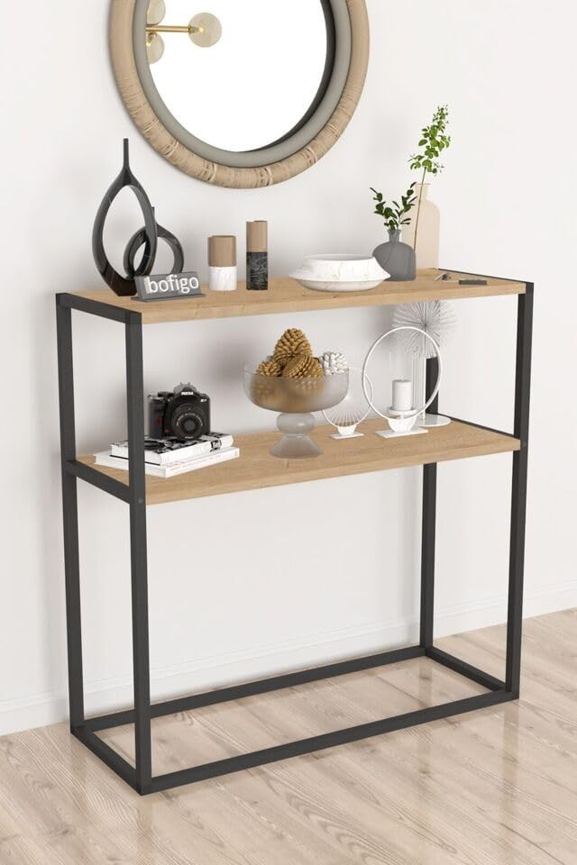 Slim Console Table with 2 Shelves – Modern Wood Top & Metal Frame Storage