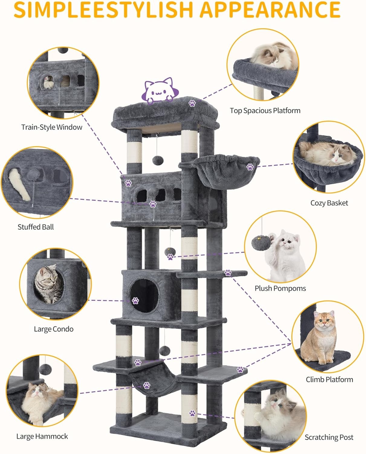 170cm Tall Cat Tree Tower Multi-Level Scratching Posts Condos Large Cats
