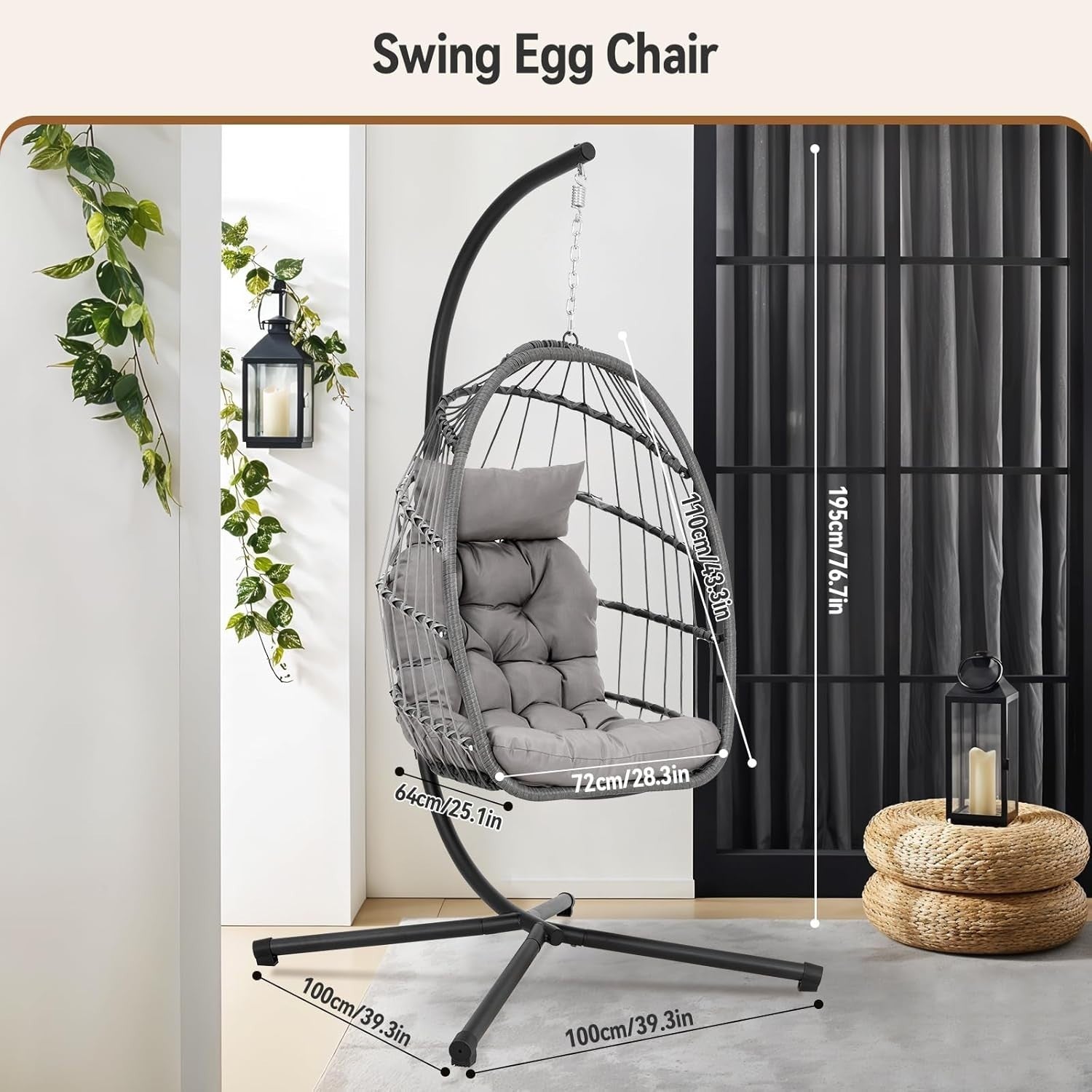 Indoor Outdoor Hanging Egg Chair with Stand Plush Cushion Patio Swing Seat