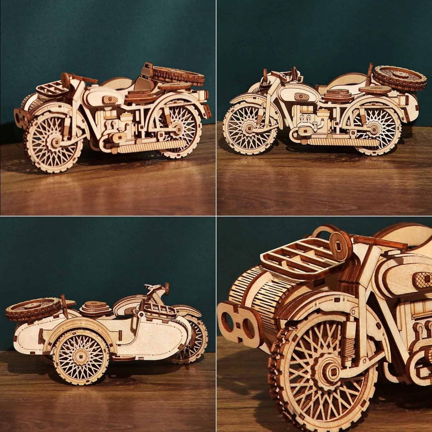 Wooden Sidecar Motorbike 3D Puzzle Kit – Retro Model for Adults & Teens