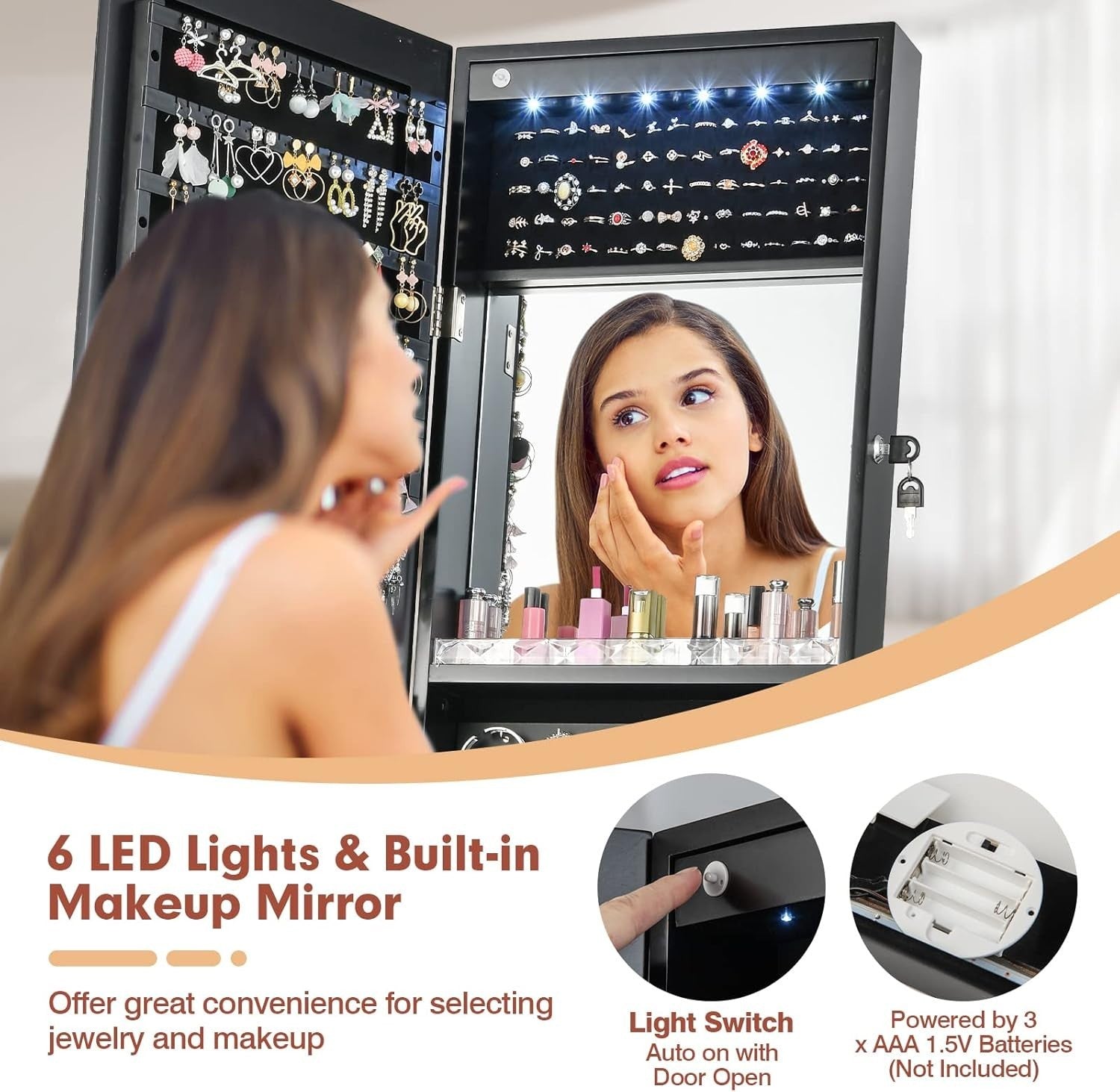 Lockable Standing Jewelry Armoire Mirror LED Lights Adjustable Angle Storage
