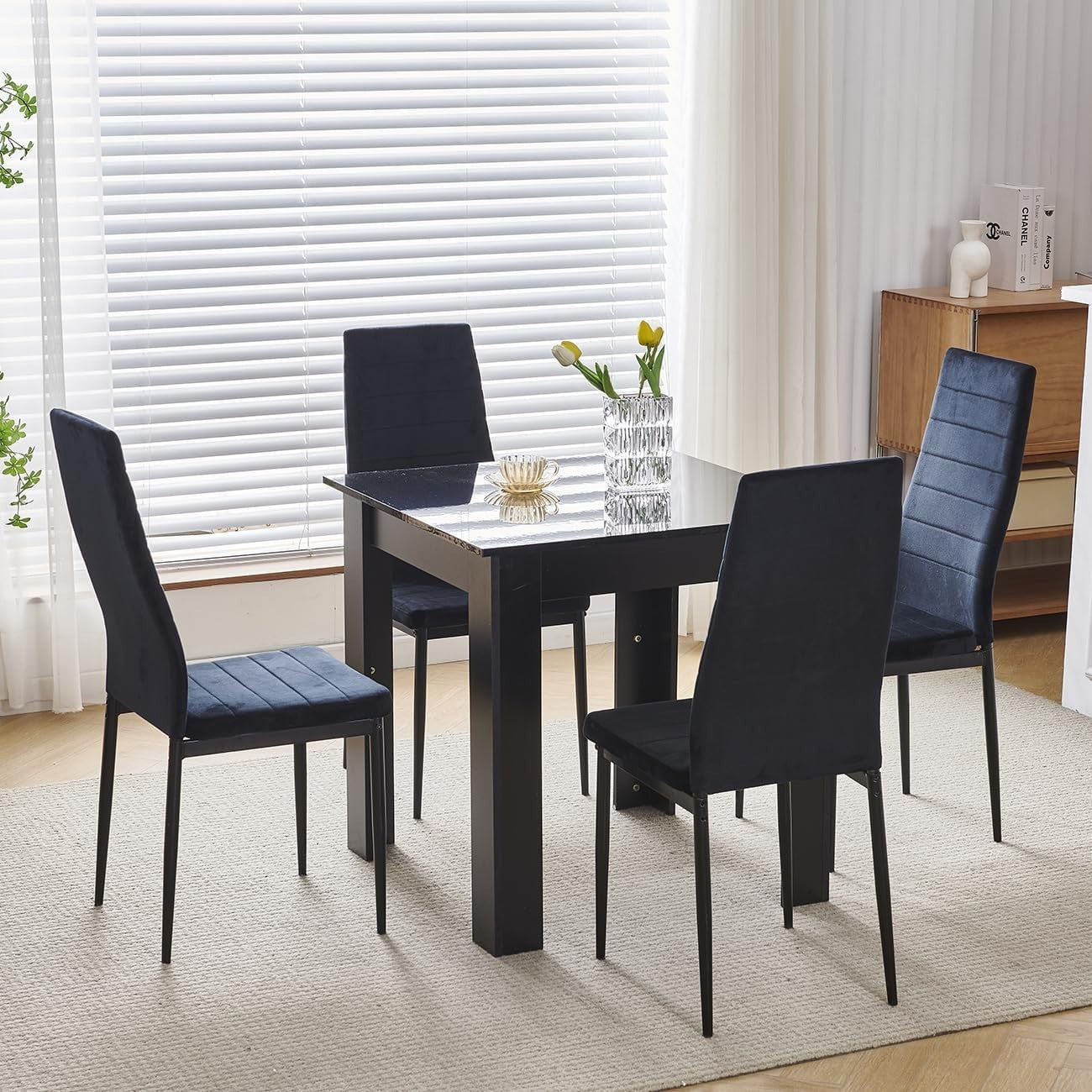 4 Chair Dining Table Set Velvet Black Space Saving Small Kitchen Home