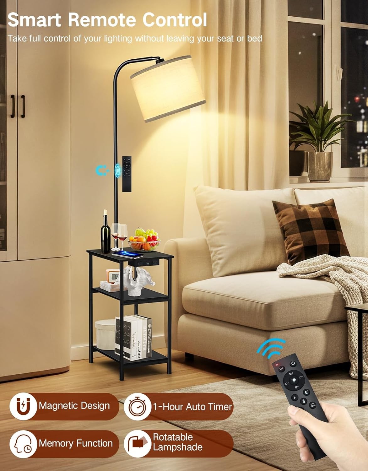 Floor Lamp with Table & Remote, Dimmable LED, USB Charging, Black