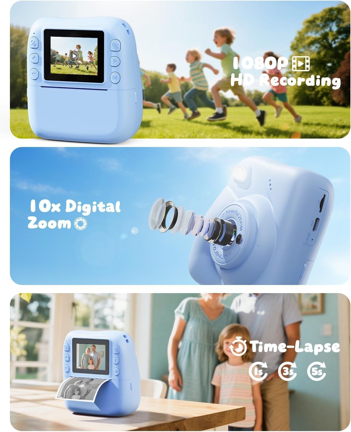 Kids Instant Print Camera 48MP 1080P Video 32GB Card Blue Toy Gift