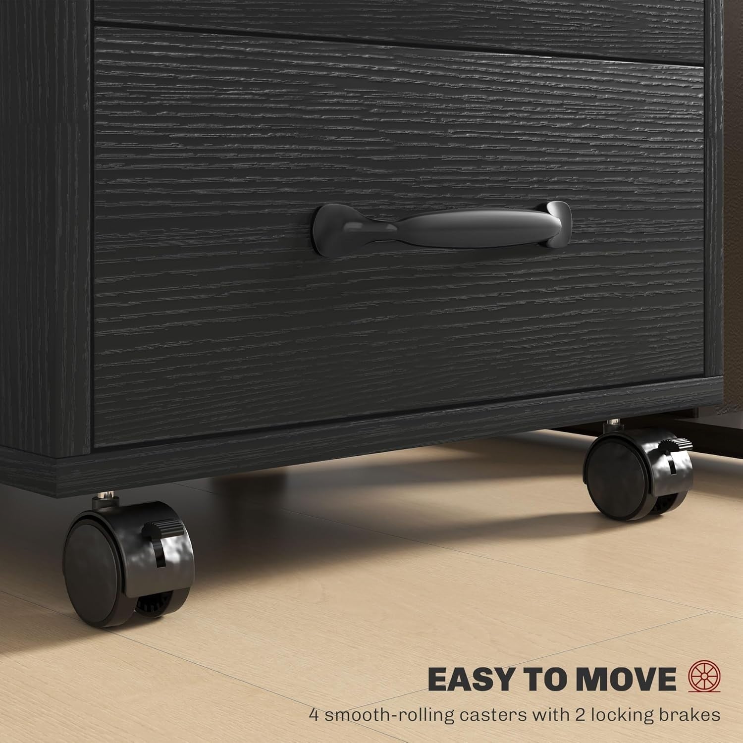 Black Wood Grain Rolling Drawer Cabinet 3 Tier Under Desk File Storage